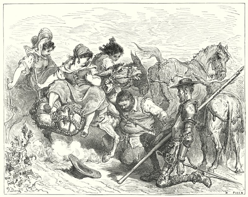 Gustave Dores Don Quijote: "Don Quijote stirrade med tvivelaktiga och tröstlösa ögon på varelsen som Sancho kallade drottning och dam" (gravyr) av Gustave Dore