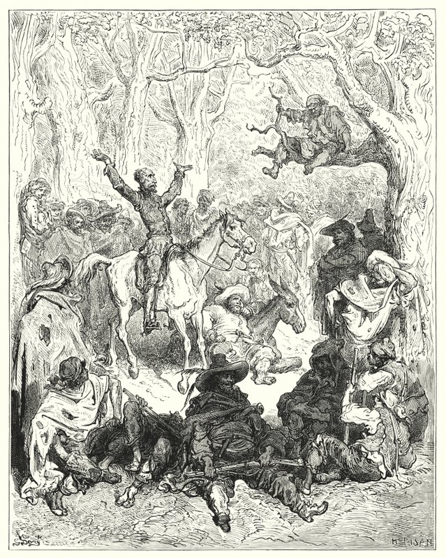 Gustave Dores Don Quijote: "Don Quijote, monterad på Rozinante, deklamerar mycket ymnigt mot deras sätt att leva" (gravyr) av Gustave Dore