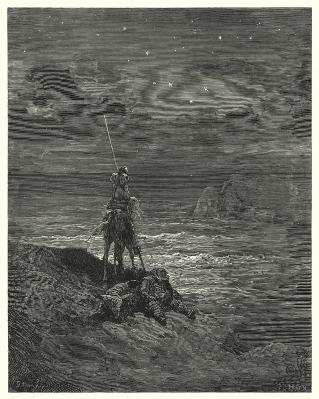 Gustave Dores Don Quijote: "Don Quijote stannade där och väntade på dagens närmande" (gravyr) av Gustave Dore