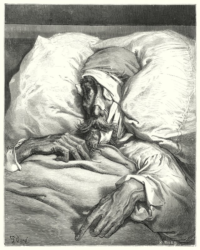 Gustave Dores Don Quijote: "Don Quijote, så olyckligt sårad, var extremt sur och melankolisk" (gravyr) av Gustave Dore