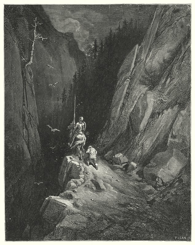 Gustave Dores Don Quijote: "Don Quijote transporterades med glädje för att hitta sig själv där han kunde smickra sin ambition med hopp om nya äventyr" (gravyr) av Gustave Dore