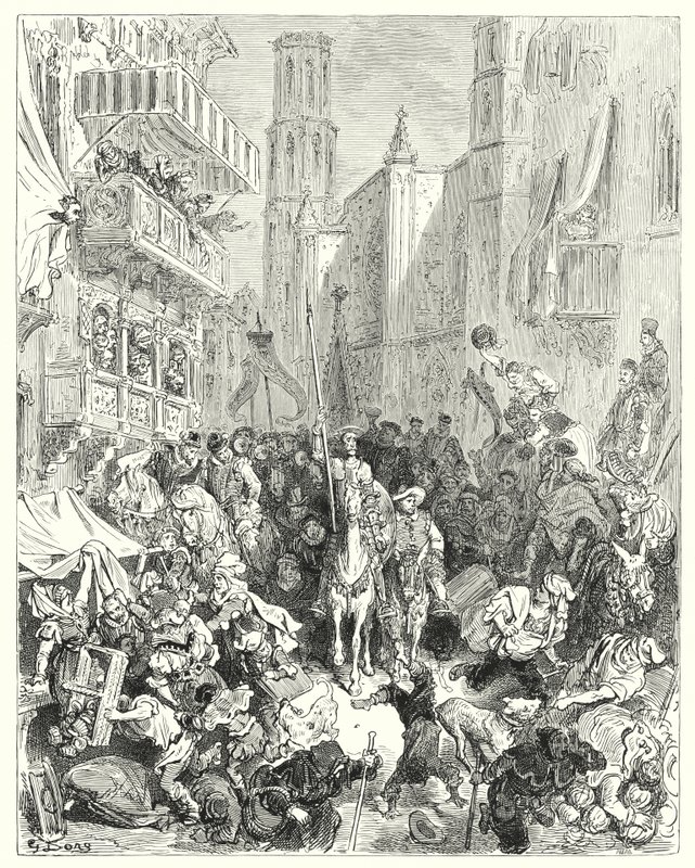 Gustave Dores Don Quijote: "Omslutande honom i mitten av deras brigad, ledde de honom mot staden" (gravyr) av Gustave Dore