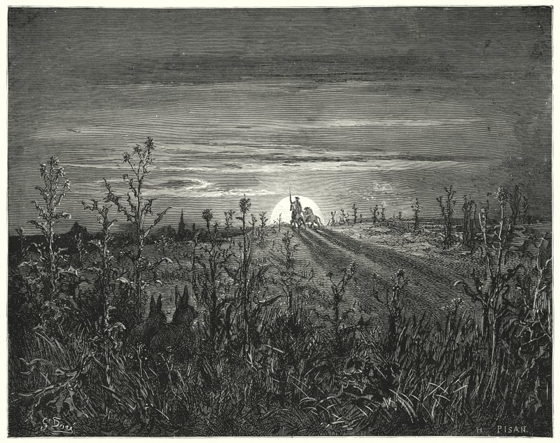 Gustave Dores Don Quijote: "Vän Sancho," sa Don Quijote, "Jag tycker att den annalkande natten kommer att inta oss innan vi kan nå Toboso" (gravyr) av Gustave Dore