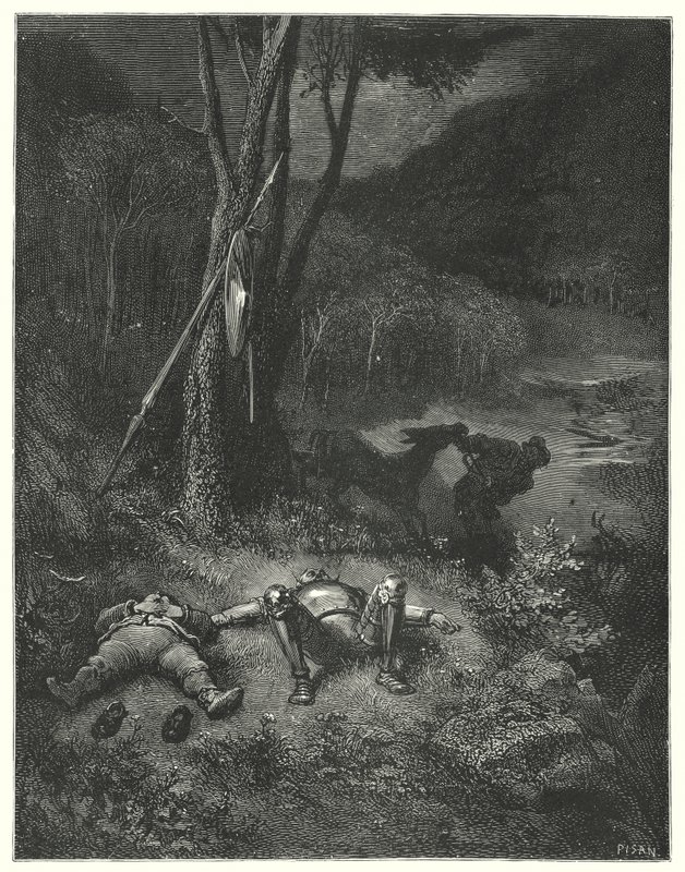 Gustave Dores Don Quijote: "Gines, som var främling för både tacksamhet och mänsklighet, bestämde sig för att åka iväg med Sanchos rumpa" (gravyr) av Gustave Dore