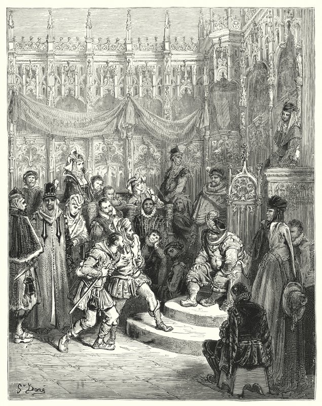 Gustave Dores Don Quijote: "Guvernör Sancho Panza administrerar rättvisa" (gravyr) av Gustave Dore