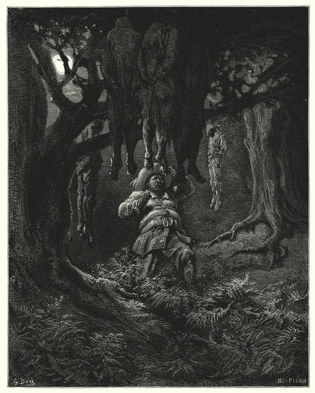 Gustave Dores Don Quijote: "Han ropade till Don Quijote om hjälp" (gravyr) av Gustave Dore