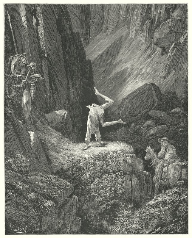 Gustave Dores Don Quijote: "Han gav två eller tre friskningar i luften, och sedan kastade han på händerna och hämtade hälarna över huvudet två gånger tillsammans" (gravyr) av Gustave Dore