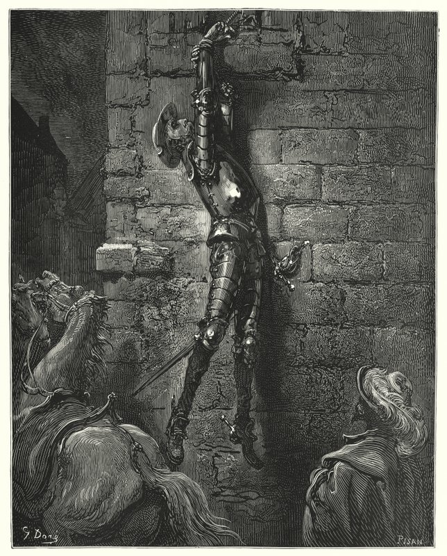 Gustave Dores Don Quijote: "Han hade oundvikligen fallit till marken, om hans handled inte hade varit ordentligt fäst vid repet" (gravyr) av Gustave Dore