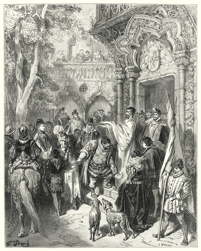 Gustave Dores Don Quijote: "Han kysste hertigen och hertiginnans hand vid avskedet och mottog sin mästares välsignelse" (gravyr) av Gustave Dore