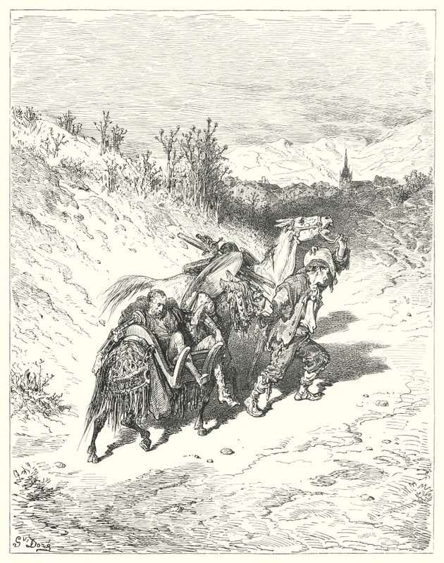 Gustave Dores Don Quijote: "Han ledde dem alla mot byn och traskade själv en fot, mycket fundersam" (gravyr) av Gustave Dore