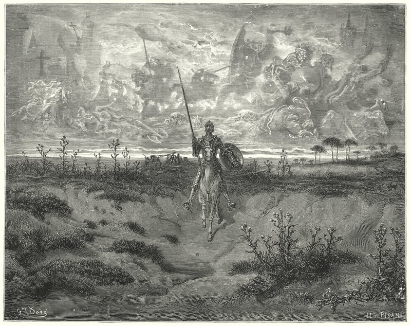 Gustave Dores Don Quijote: "Han reste nästan hela den dagen" (gravyr) av Gustave Dore