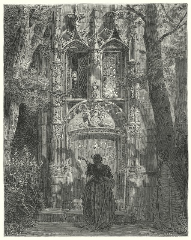 Gustave Dores Don Quijote: "Här slutade den uppvaktande flickan sin sång" (gravyr) av Gustave Dore