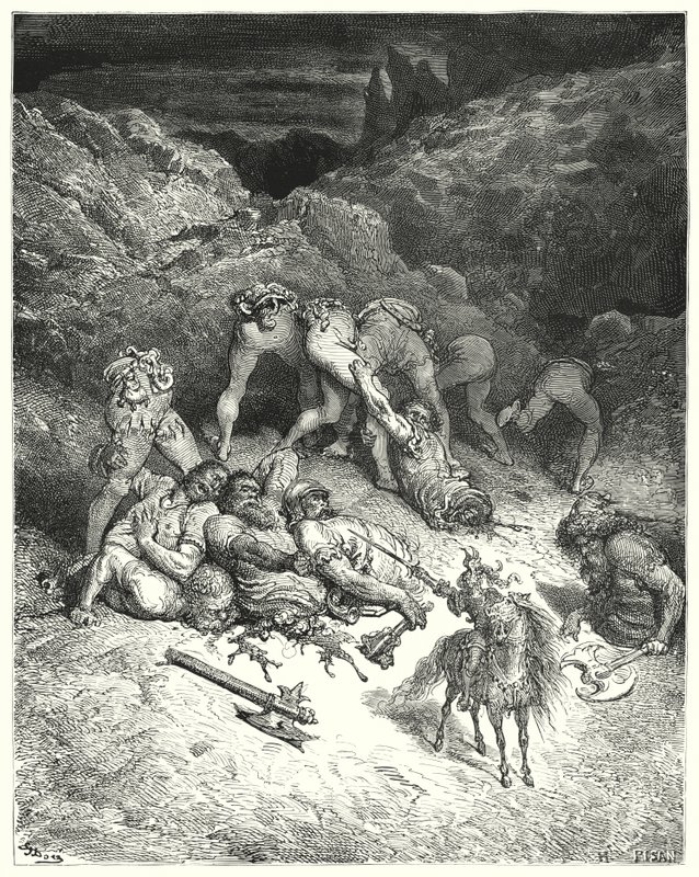 Gustave Dores Don Quijote: "Hur Felixmarte skär av fem jättar på mitten" (gravyr) av Gustave Dore