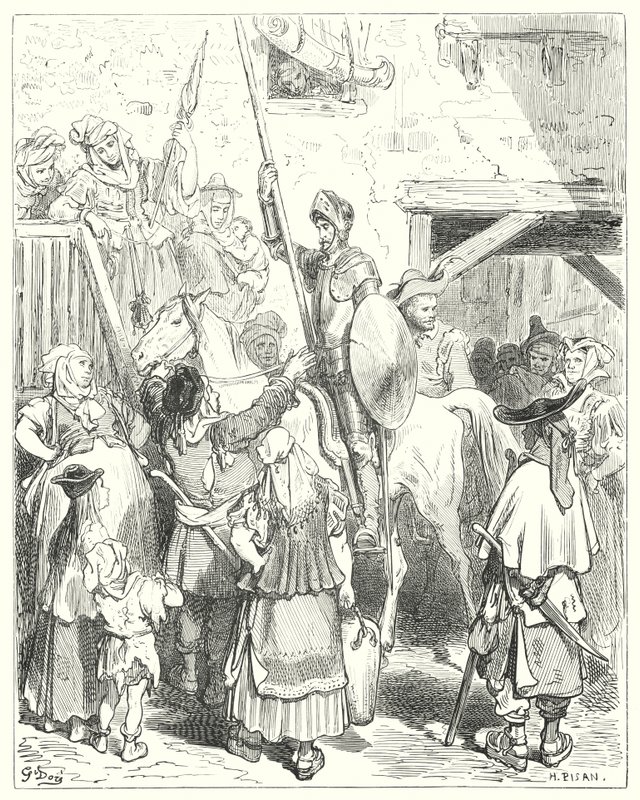 Gustave Dores Don Quijote: "Jag har ingenting med allt detta att göra," ropade gästgivaren; "betala din räkning" (gravyr) av Gustave Dore