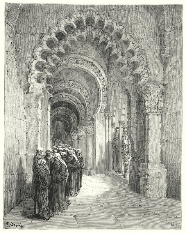 Gustave Dores Don Quijote: "Jag såg en sorgsen procession av vackraste flickor, alla i svart" (gravyr) av Gustave Dore