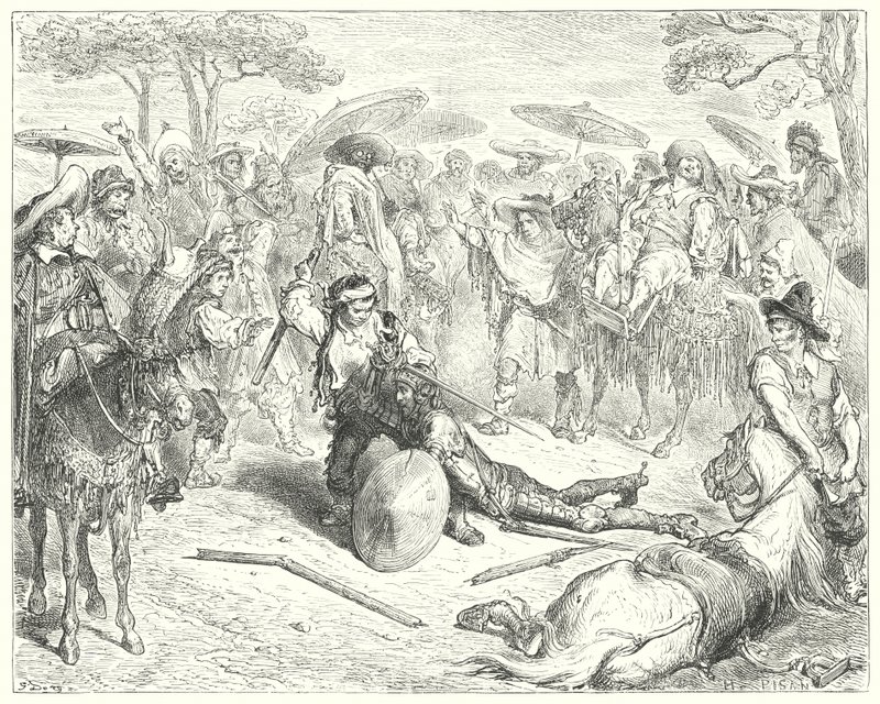 Gustave Dores Don Quijote: "Trots sina armar slog han honom som en vetekärve" (gravyr) av Gustave Dore