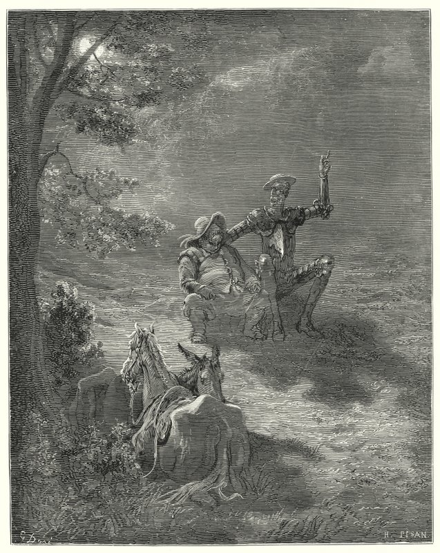 Gustave Dores Don Quijote: "I sådana diskurser passerade de en stor del av natten" (gravyr) av Gustave Dore