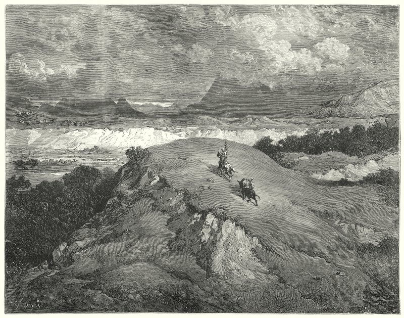 Gustave Dores Don Quijote: "Det var natten innan våra två resenärer kom till bergets ökenaste del" (gravyr) av Gustave Dore
