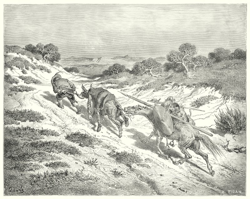 Gustave Dores Don Quijote: "Han ledde röven vid grimman och tog den närmaste vägen han kunde gissa till den stora vägen" (gravyr) av Gustave Dore