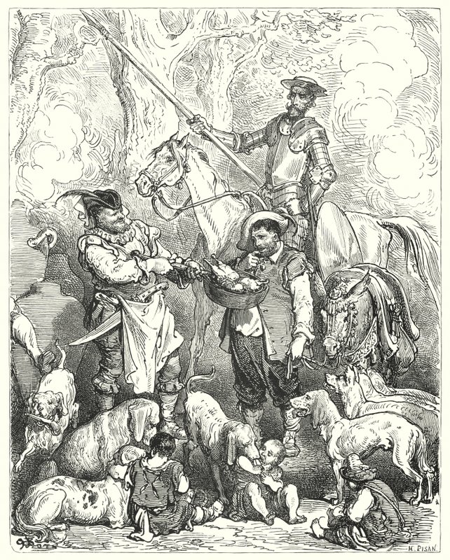 Gustave Dores Don Quijote: "Gör ett skift för att hålla magen med det tills middagen är klar" (gravyr) av Gustave Dore