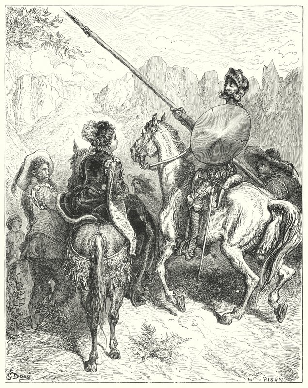 Gustave Dores Don Quijote: "Nu, dam," sa Don Quijote, "låt mig vädja om din storhet att tala om för mig vilken väg vi måste gå, för att göra er tjänst" (gravyr) av Gustave Dore