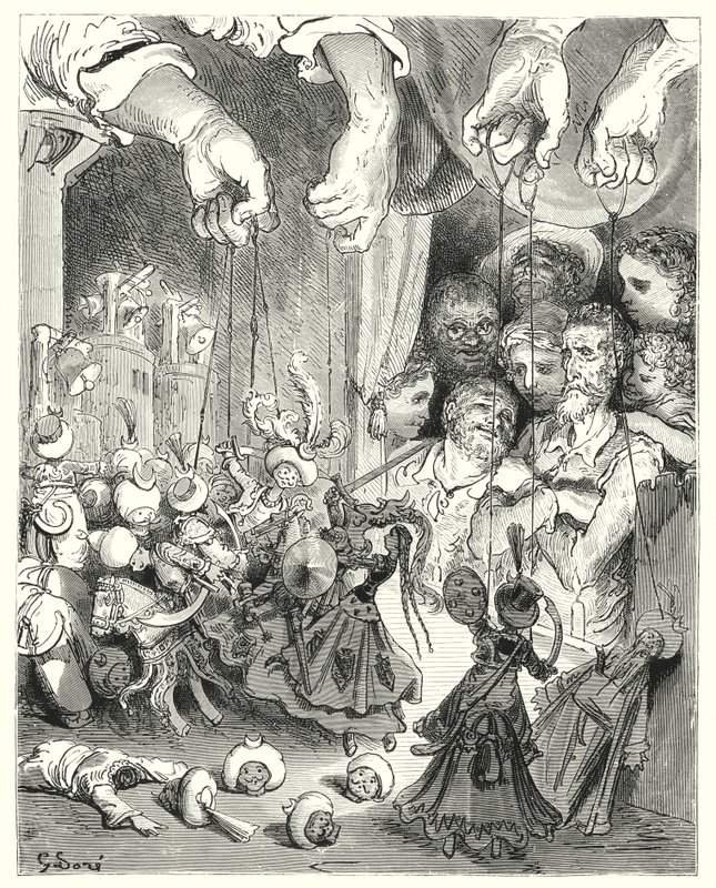 Gustave Dores Don Quijote: "Observera vilket stort sällskap av glittrande hästar som kommer strömmande ut ur staden, i jakten på de kristna älskarna" (gravyr) av Gustave Dore