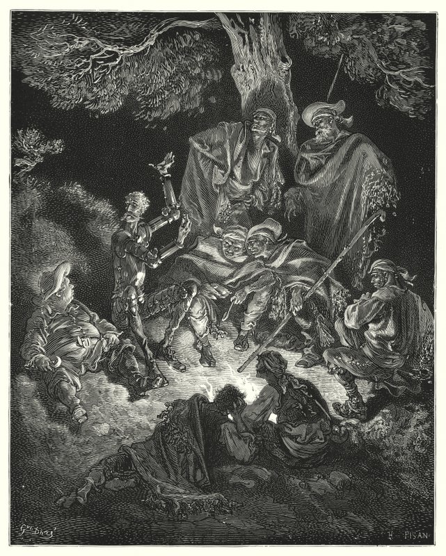 Gustave Dores Don Quijote: "Åh, lycklig ålder", ropade han, "som våra första föräldrar kallade guldåldern!" (gravyr) av Gustave Dore