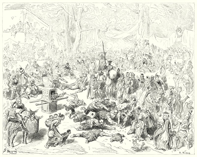 Gustave Dores Don Quijote: "Stackars Sancho följde sin herre med ett tungt hjärta" (gravyr) av Gustave Dore