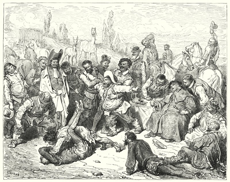 Gustave Dores Don Quijote: "Ensam Sancho Panza var upprörd, irriterade sig till döds och rasade som en galning" (gravyr) av Gustave Dore