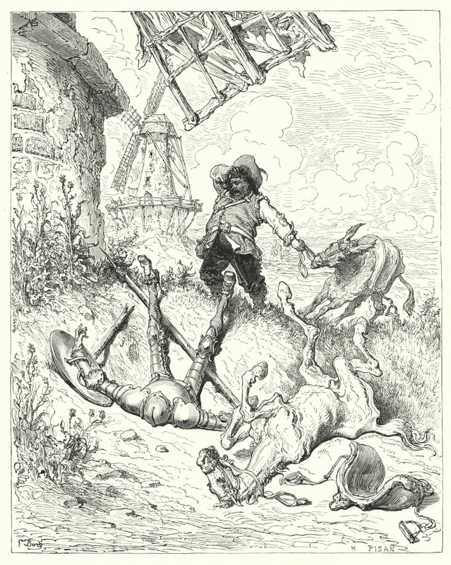 Gustave Dores Don Quijote: "Sancho sprang så fort hans rumpa kunde köra, för att hjälpa sin herre" (gravyr) av Gustave Dore