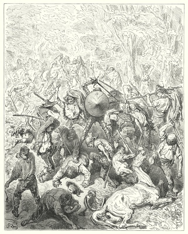 Gustave Dores Don Quijote: "Yangesierna slog sig till sina spakar och packstavar" (gravyr) av Gustave Dore