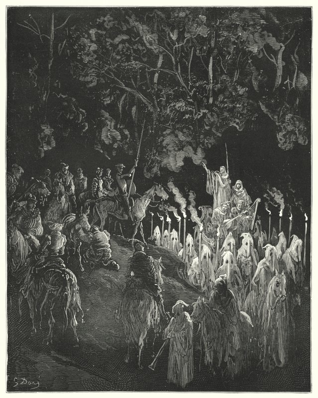 Gustave Dores Don Quijote: "Gestalten i klänningen reste sig" (gravyr) av Gustave Dore