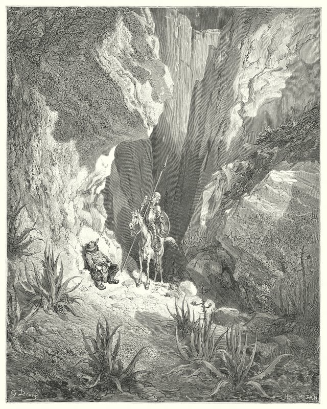 Gustave Dores Don Quijote: "Det första han hittade var det grova utkastet till en sonett; så han läste det högt" (gravyr) av Gustave Dore