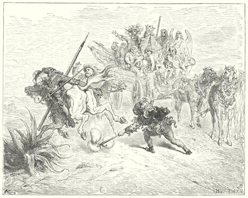 Gustave Dores Don Quijote: "Dåren i pjäsen kom upp sprattlande med sina morriceklockor" (gravyr) av Gustave Dore