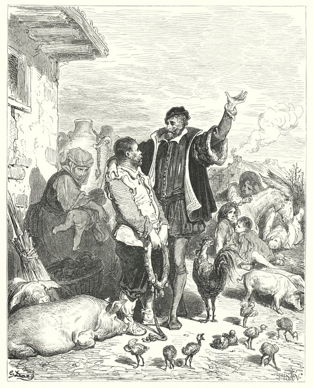 Gustave Dores Don Quijote: "Riddaren gav honom så många rättvisa löften, att den stackars fåniga clownen äntligen gick med på att följa med honom och bli hans godsherre" (gravyr) av Gustave Dore