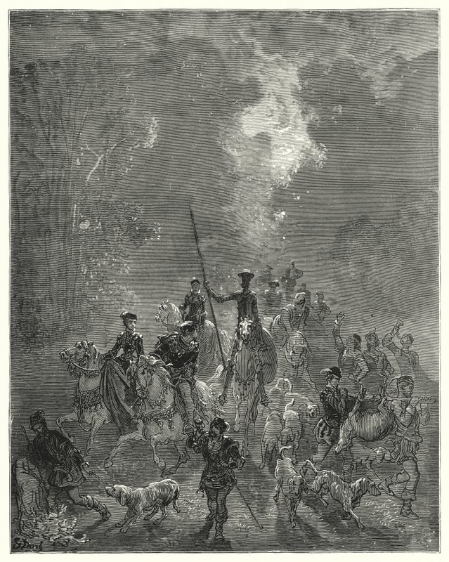 Gustave Dores Don Quijote: "Morgen började sprida hennes leende blickar i den östra delen av himlen" (gravyr) av Gustave Dore