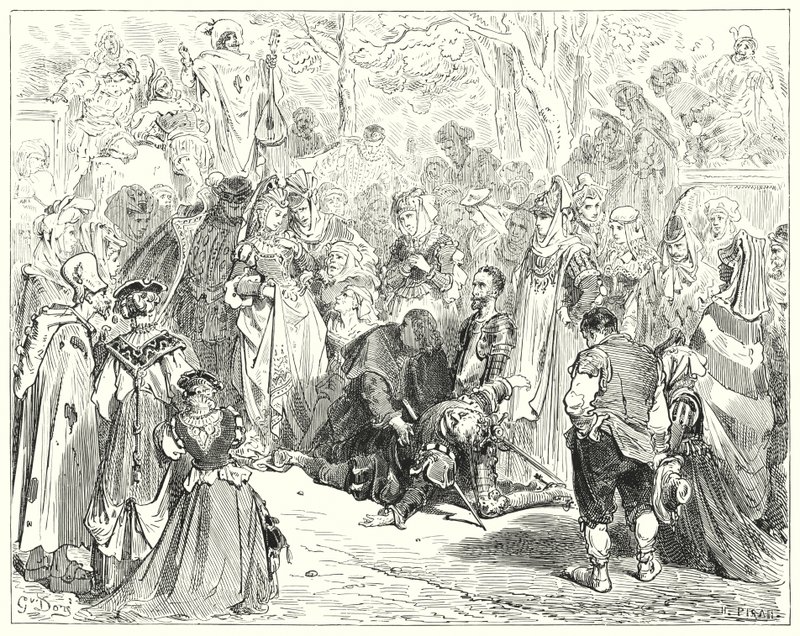 Gustave Dores Don Quijote: "Den stackars jungfrun, darrande och förfärad utan att säga ett ord, kom till stackars Basil" (gravyr) av Gustave Dore