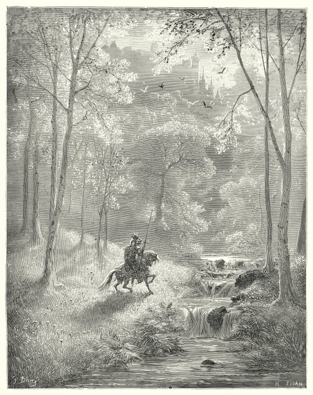 Gustave Dores Don Quijote: "Himlen verkar för honom mer genomskinlig, och solen tycks lysa med fördubblad ljusstyrka" (gravyr) av Gustave Dore