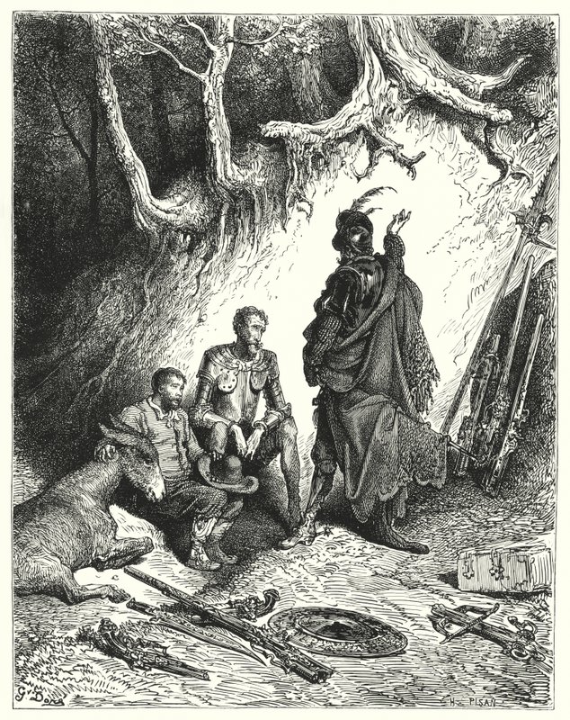 Gustave Dores Don Quijote: "Squires lämnade Don Quijote, Roque och Sancho för att vänta på deras återkomst" (gravyr) av Gustave Dore