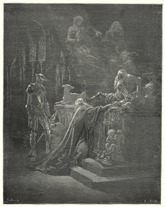 Gustave Dores Don Quijote: "Den ärevördiga Montesinos föll på knä inför den drabbade riddaren" (gravyr) av Gustave Dore