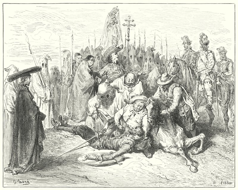 Gustave Dores Don Quijote: "De äckliga accenterna i godsägarens röst kallas äntligen Don Quijote för sig själv" (gravyr) av Gustave Dore