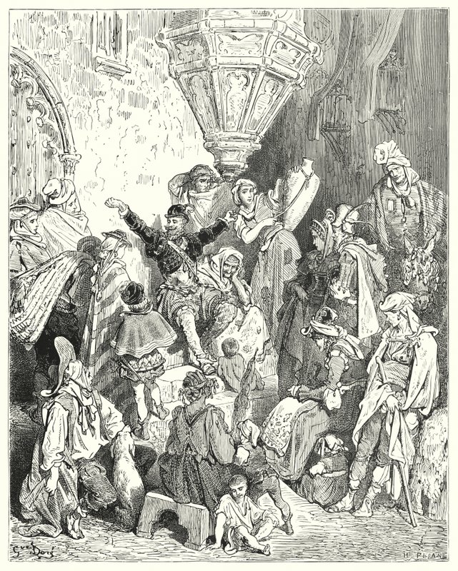 Gustave Dores Don Quijote: "Det fanns inte det landet på jordens yta som han inte hade sett, inte heller strid som han inte hade varit engagerad i" (gravyr) av Gustave Dore