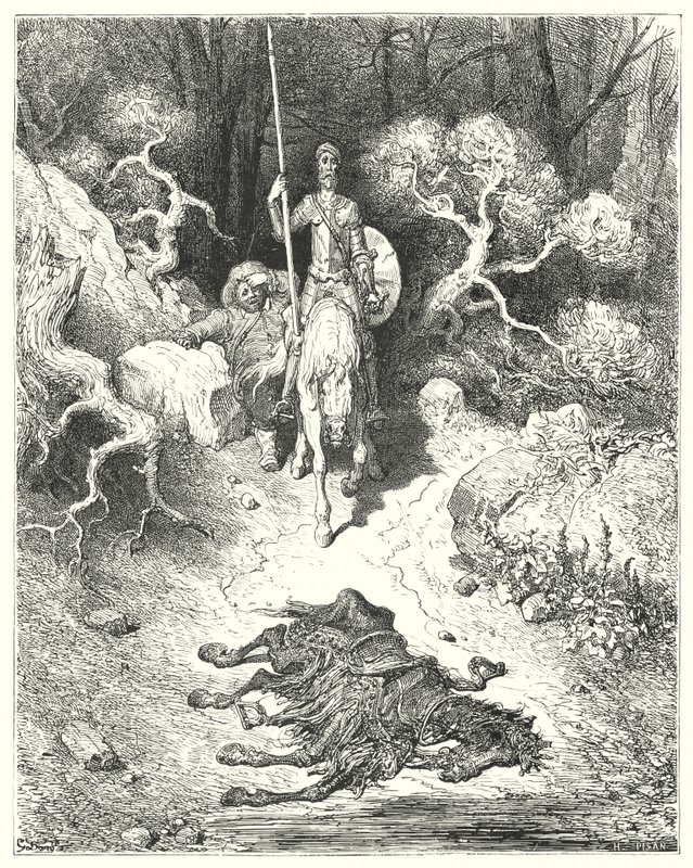 Gustave Dores Don Quijote: "De kom till en park, där de hittade en mula som låg död" (gravyr) av Gustave Dore