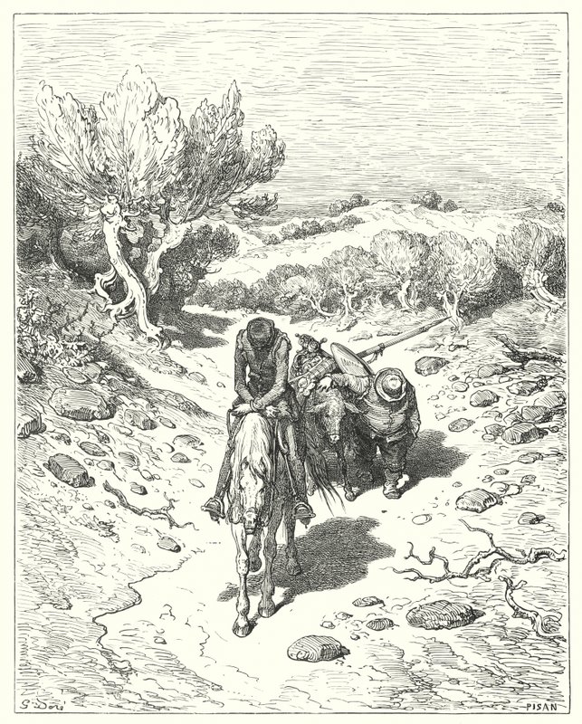 Gustave Dores Don Quijote: "De passerade den dagen, och fyra till efter det, i en sådan sorts diskurs" (gravyr) av Gustave Dore