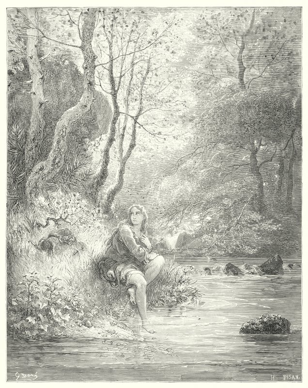 Gustave Dores Don Quijote: "De spanade en ungdom i en lantlig vana, sittande vid foten av en sten bakom en ask" (gravyr) av Gustave Dore