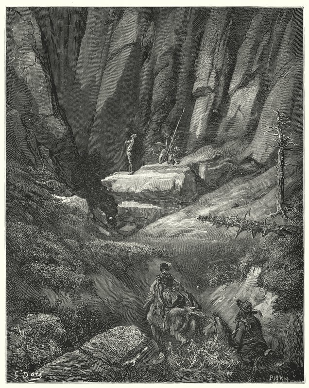 Gustave Dores Don Quijote: "De fortsatte i ungefär tre fjärdedelar av en liga, och sedan bland klipporna spanade de Don Quijote, som vid det här laget hade tagit på sig sina kläder, men inte sin rustning" (gravyr) av Gustave Dore