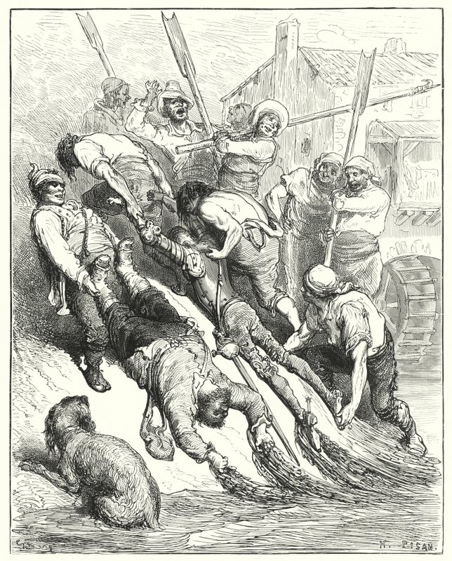 Gustave Dores Don Quijote: "Båda drogs i land, mer överdränkta än törstiga" (gravyr) av Gustave Dore