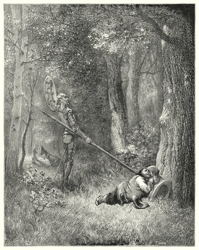 Gustave Dores Don Quijote: "Till all denna fina utläggning svarade Sancho inte ett ord" (gravyr) av Gustave Dore