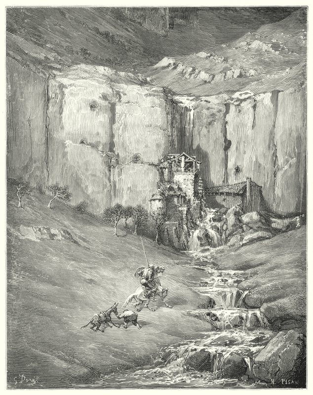 Gustave Dores Don Quijote: "När de kom närmare började även tålmodige Rozinante själv vid det fruktansvärda ljudet" (gravyr) av Gustave Dore