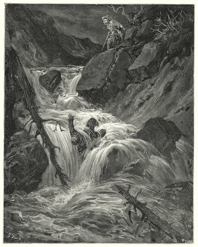 Gustave Dores Don Quijote: "Med den lilla styrka jag hade knuffade jag honom nerför ett stup, där jag lämnade honom" (gravyr) av Gustave Dore